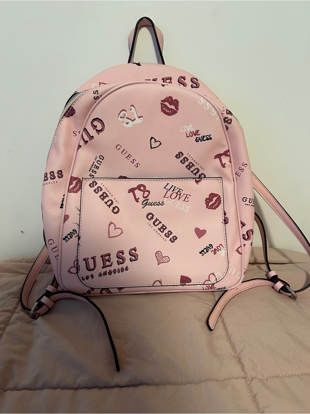 GUESS Pink Graffiti Mini Backpack Live Love Guess Graphic Hearts Small Bag